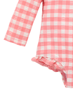 Purebaby Baby Frilly Long Sleeve Swimsuit, Pomegranate Gingham - view 2, Pomegranate Gingham