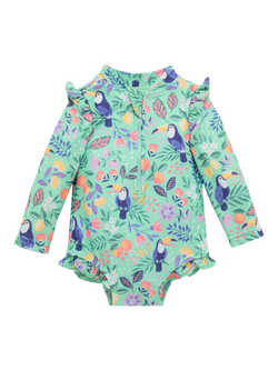 Purebaby Baby Frilly Long Sleeve Swimsuit, Toucan Print, Toucan Print