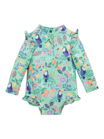 Purebaby Baby Frilly Long Sleeve Swimsuit, Toucan Print, Toucan Print