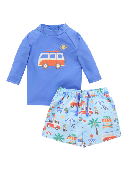 Purebaby Baby Board Shorts & Rash Vest Set, Cancun Print, Cancun Print