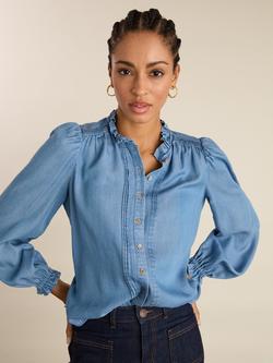 Baukjen Zoe Frill Neck Blouse containing TENCEL™ Lyocell, Mid Indigo, Mid Indigo