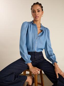 Baukjen Zoe Frill Neck Blouse containing TENCEL™ Lyocell, Mid Indigo - view 2, Mid Indigo
