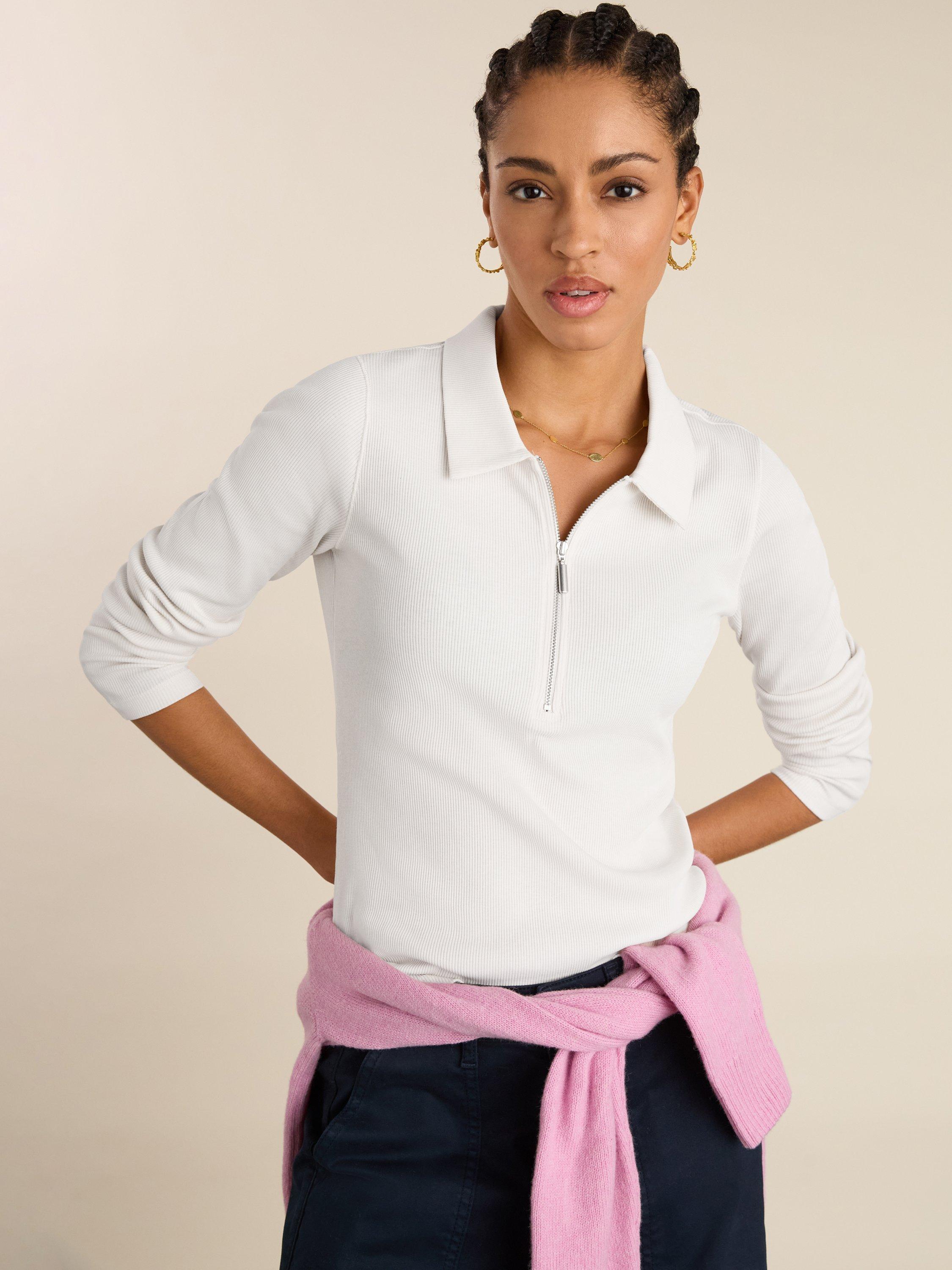 Product image 1 of 4, which shows Baukjen Zip Collar Jersey Top, Pure White, 10