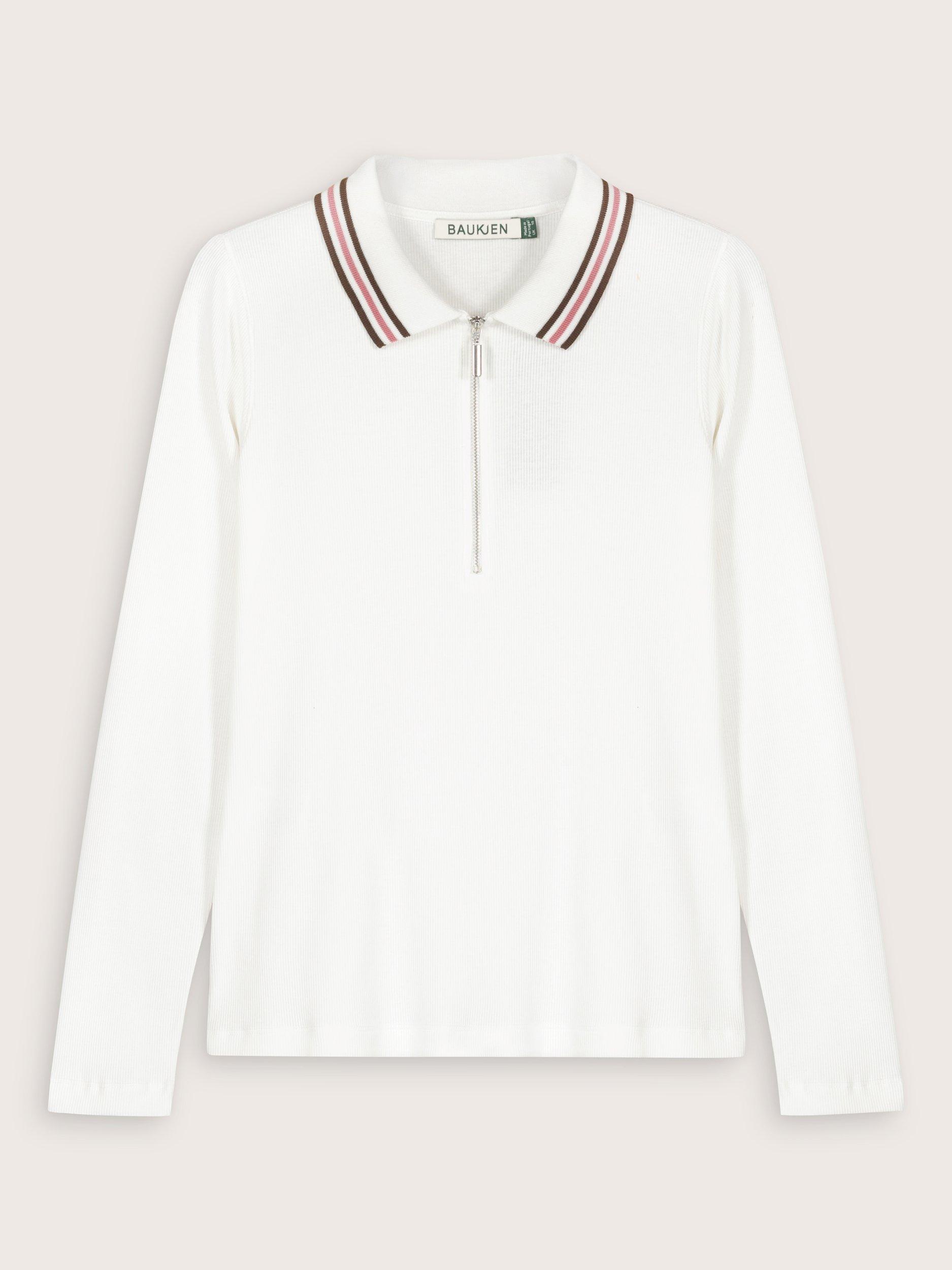 Product image 4 of 4, which shows Baukjen Addison Stripe Collar Polo Top, Soft White, 10