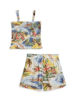 Ralph Lauren Kids' Surfing Tropical Print Smocked Top and Shorts Set, Multi - view 2, Multi