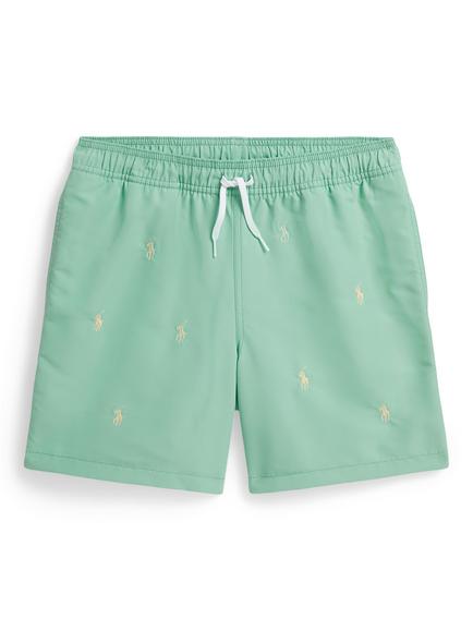 Ralph Lauren Kids' Drawstring All Over Pony Swim Shorts, Green, Green