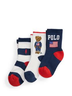 Ralph Lauren Kids' Polo Bear Crew Socks, Whit/Nv/Rd, Whit/Nv/Rd