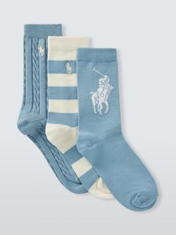 Ralph Lauren Kids' Cotton Blend Ankle Socks, Pack of 3, Blue, Blue