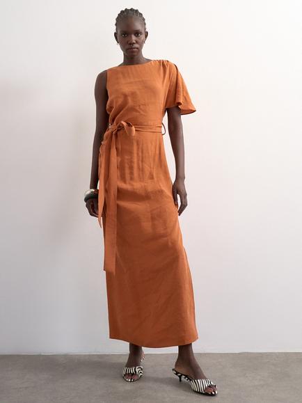 Topshop Tie Waist Asymmetric Sleeve Maxi Dress, Terracotta