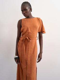 Topshop Tie Waist Asymmetric Sleeve Maxi Dress - view 2, Terracotta