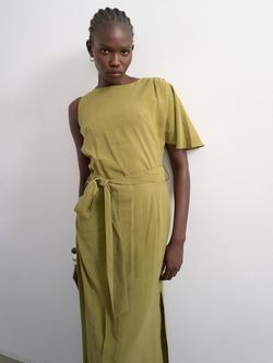 Topshop Tie Waist Asymmetric Sleeve Maxi Dress - view 2, Khaki