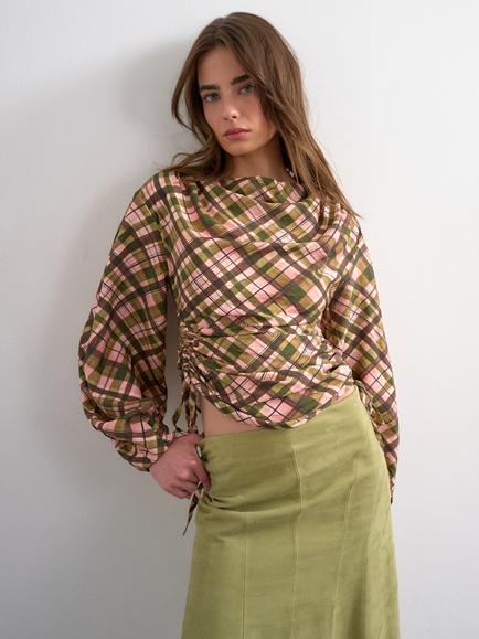Topshop Check Side Tie Long Sleeve Top, Multi, Multi