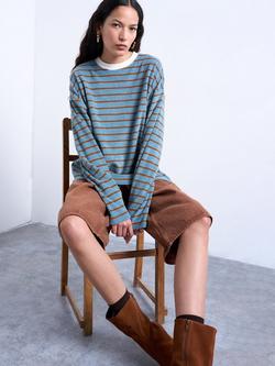 Topshop Stripe Long Sleeve Skater Top, Blue/Orange, Blue/Orange