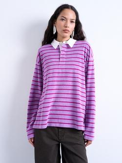 Topshop Stripe Towelling Polo Shirt, Pink Multi, Pink Multi
