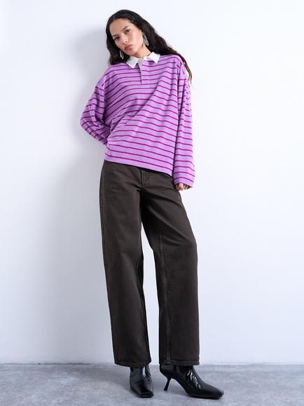 Topshop Stripe Towelling Polo Shirt, Pink Multi - view 2, Pink Multi