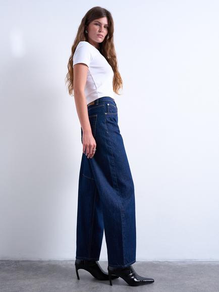 Topshop Mid Rise Barrel Leg Jeans, Dark Blue - view 2, Dark Blue