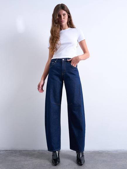 Topshop Mid Rise Barrel Leg Jeans, Dark Blue, Dark Blue