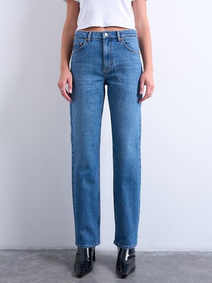 Topshop Orson Mid Rise Comfort Straight Jeans, Mid Blue