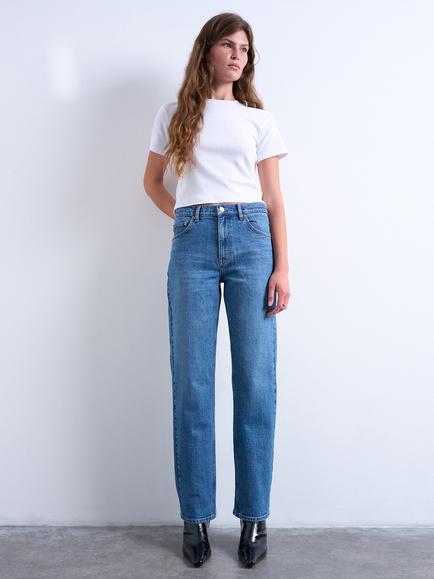 Topshop Orson Mid Rise Comfort Straight Jeans - view 2, Mid Blue