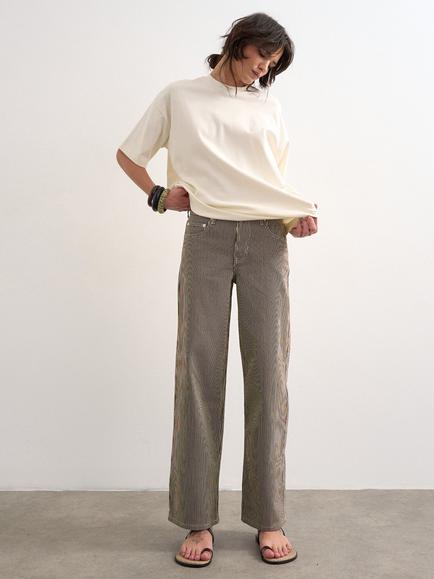 Topshop Low Rise Striped Relaxed Leg Jeans, Cream/Brown - view 2, Cream/Brown