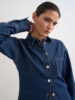 Topshop Long Sleeve Denim Shirt, Navy - view 2, Navy