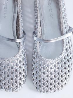 Topshop Bobbi Woven Leather Mary Jane Ballerina Pumps, Silver - view 2, Silver