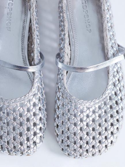 Topshop Bobbi Woven Leather Mary Jane Ballerina Pumps, Silver - view 2, Silver
