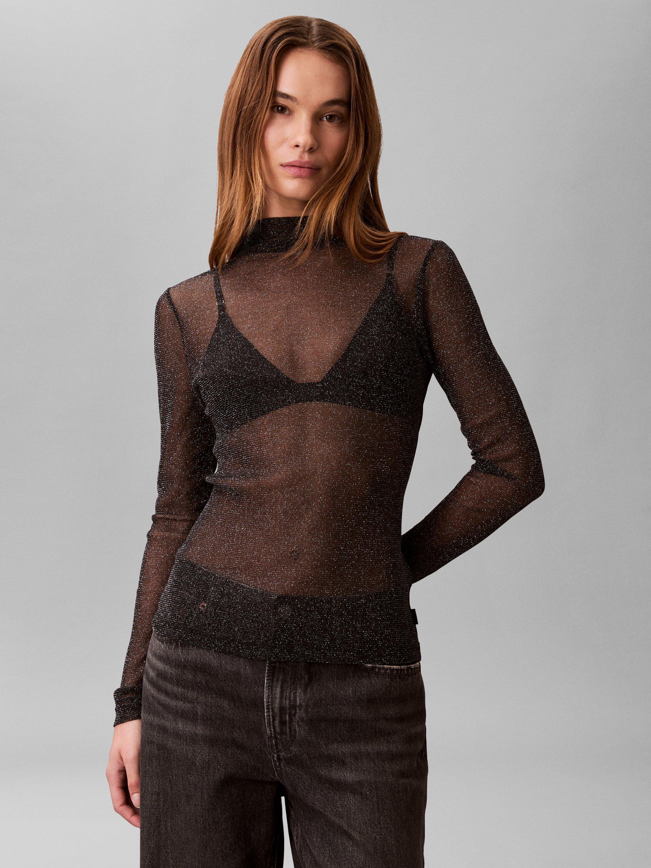Product image 1 of 6, which shows Calvin Klein Sparkle Mock Neck Sheer Top, Black, XS