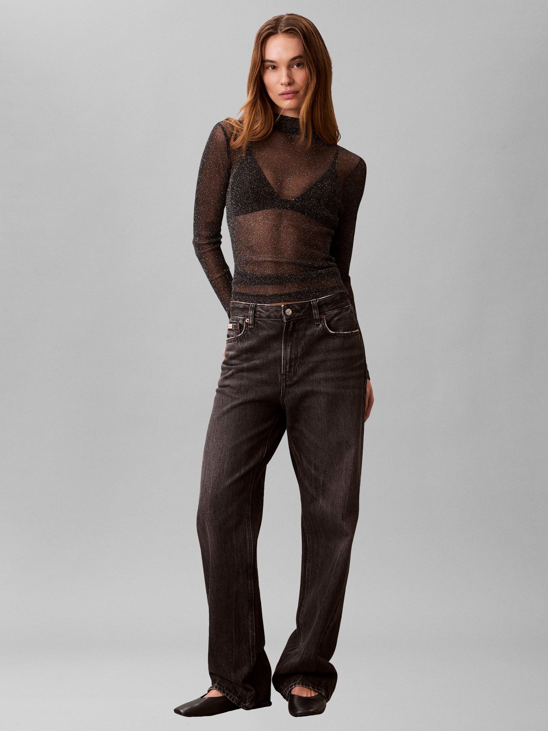 Product image 2 of 6, which shows Calvin Klein Sparkle Mock Neck Sheer Top, Black, XS
