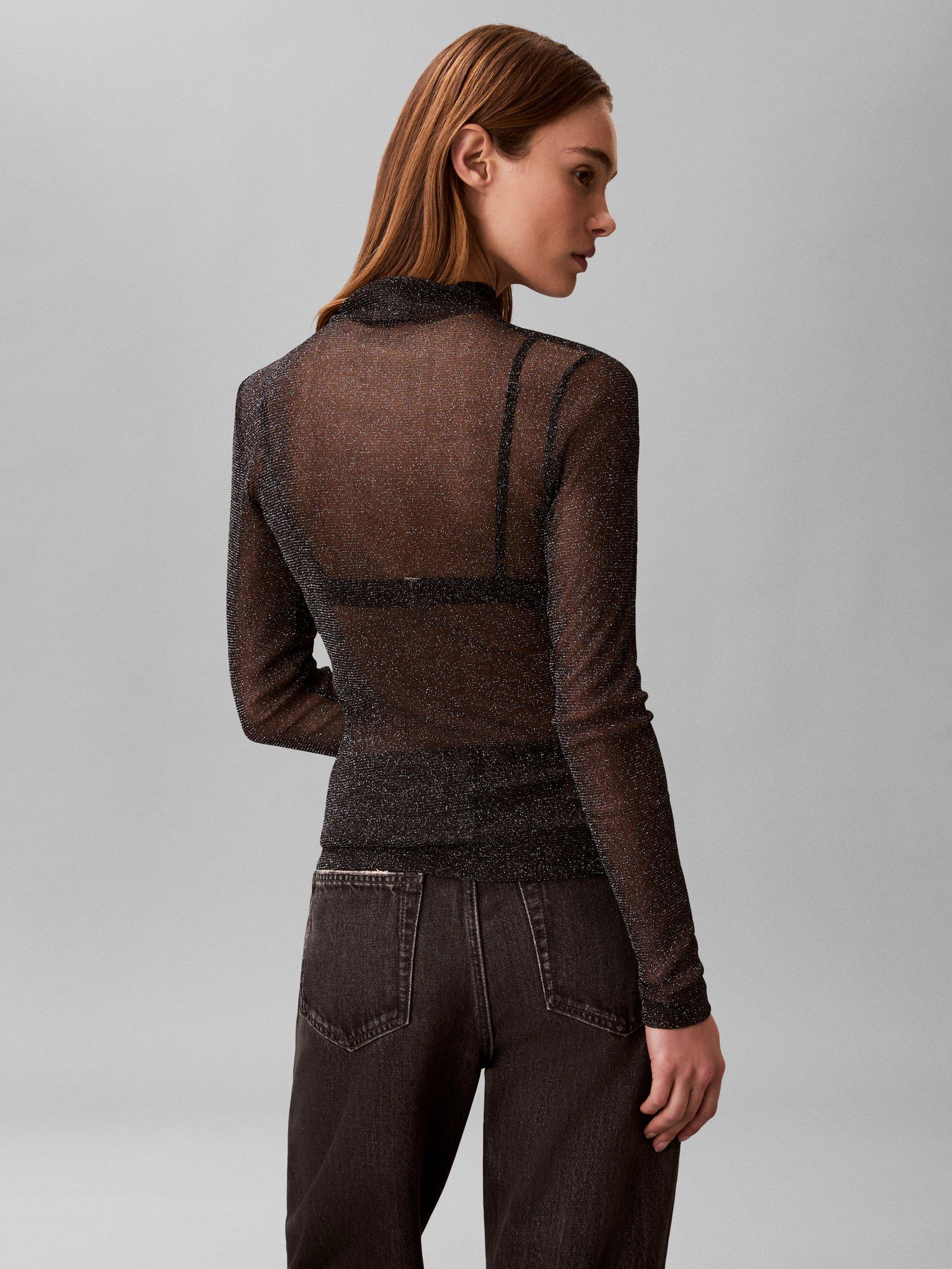 Product image 3 of 6, which shows Calvin Klein Sparkle Mock Neck Sheer Top, Black, XS