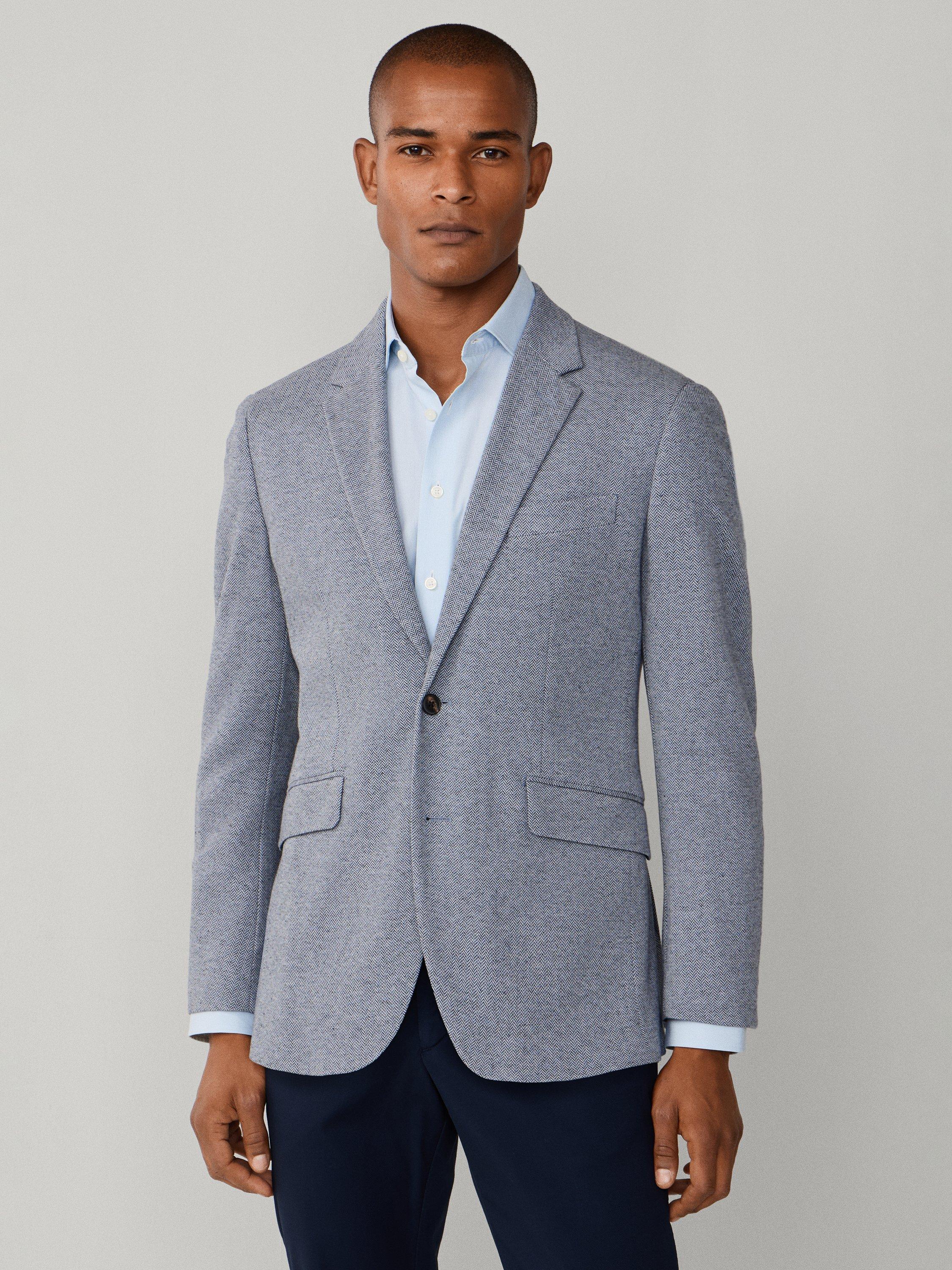 Product image 1 of 8, which shows Hackett London Cotton Blend Herringbone Jersey Knit Blazer, Blue, 36