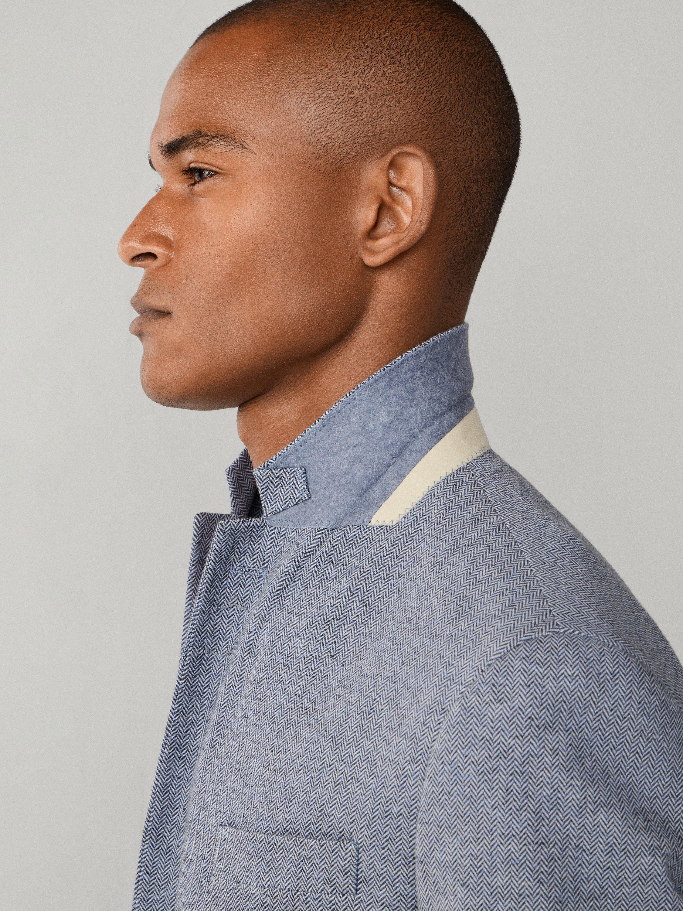 Product image 5 of 8, which shows Hackett London Cotton Blend Herringbone Jersey Knit Blazer, Blue, 36