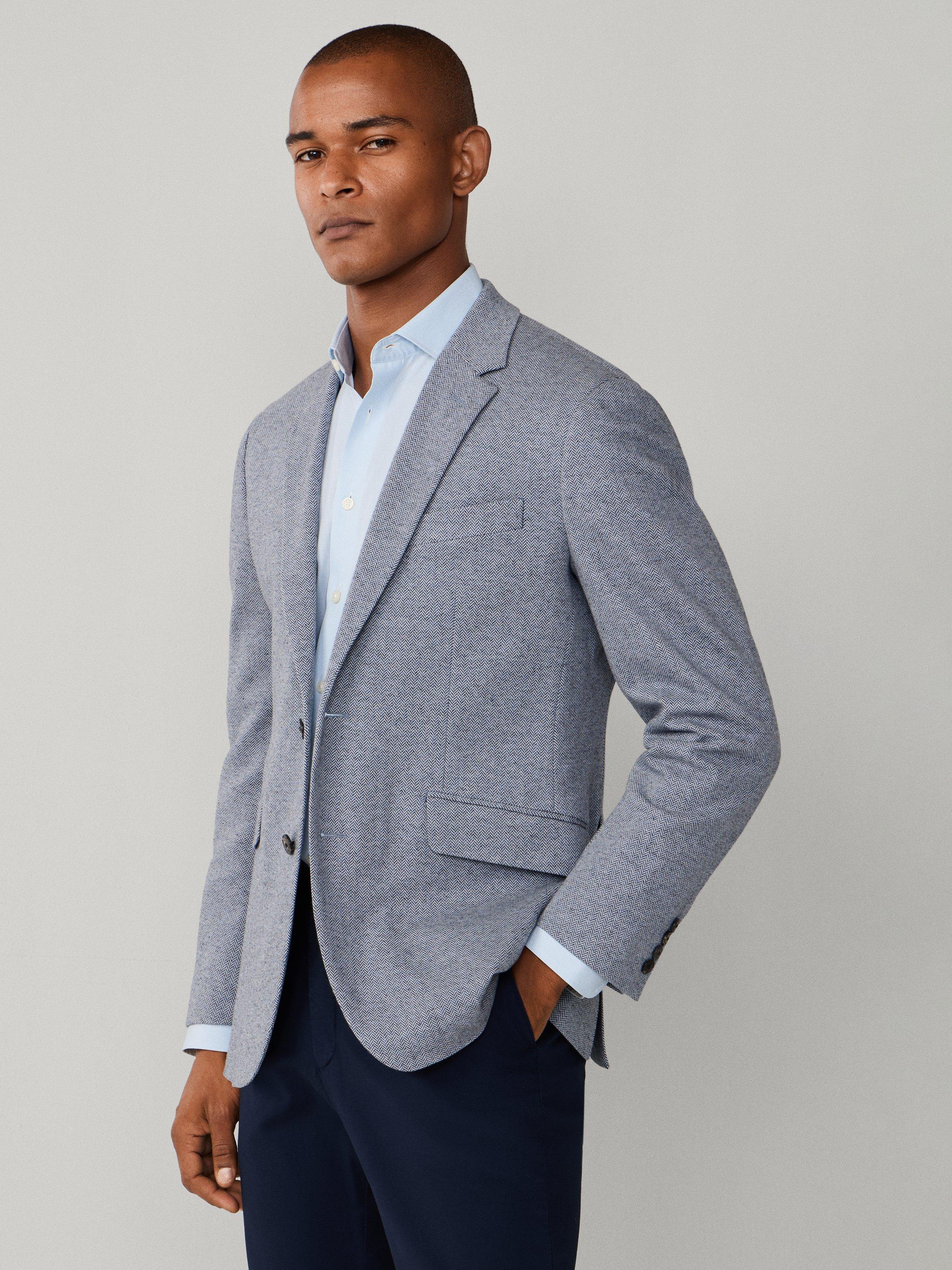 Product image 7 of 8, which shows Hackett London Cotton Blend Herringbone Jersey Knit Blazer, Blue, 36