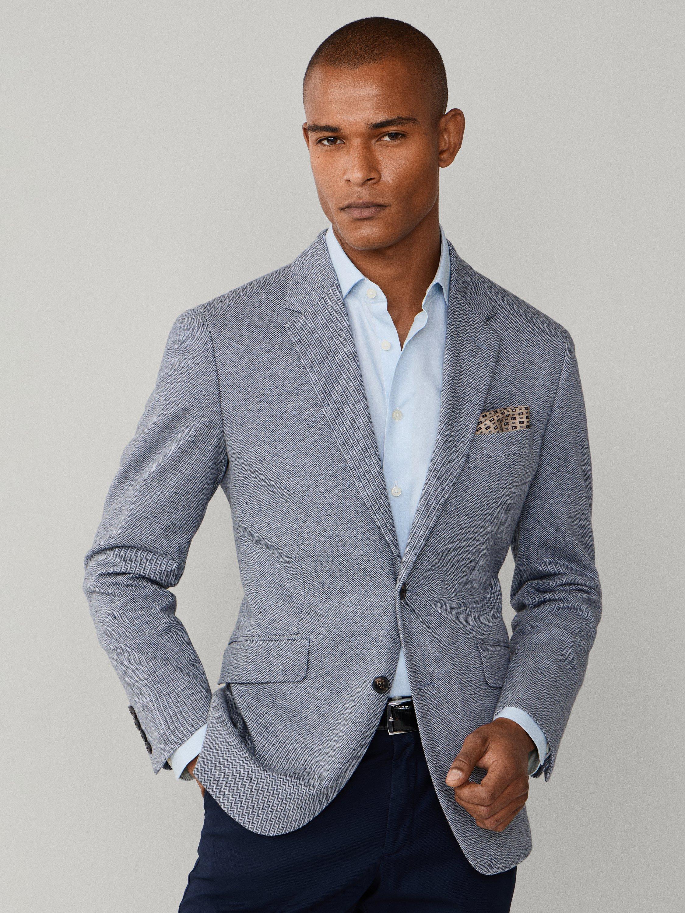Product image 8 of 8, which shows Hackett London Cotton Blend Herringbone Jersey Knit Blazer, Blue, 36