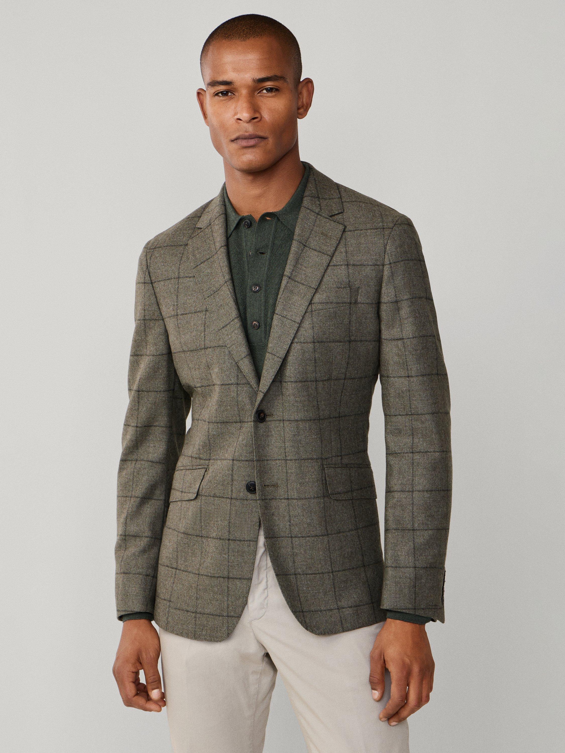 Product image 1 of 8, which shows Hackett London Wool Cashmere Blend Ascot Block Windowpane Check Blazer, Green, 36