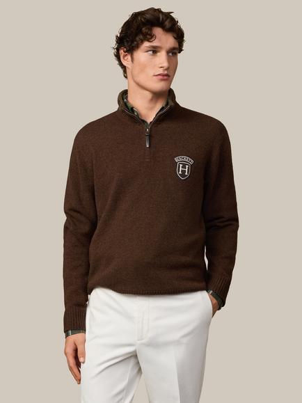 Hackett London Heritage Half Zip Merino Wool Jumper, Dark Brown, Dark Brown