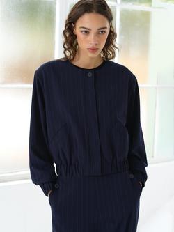 French Connection Alia Pinstripe Bomber Jacket, Navy/Linen White