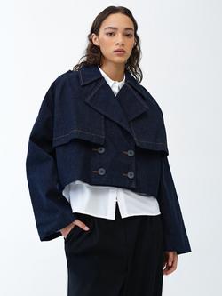 French Connection Aussie Denim Cropped Trench Coat, Dark Indigo, Dark Indigo