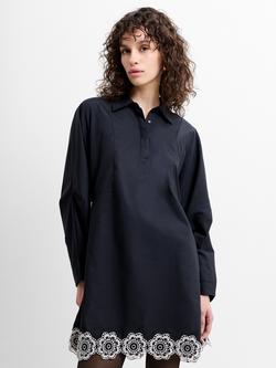 French Connection Era Poplin Broderie Hem Mini Dress, Black/Porcelain Cream, Black/Porcelain Cream