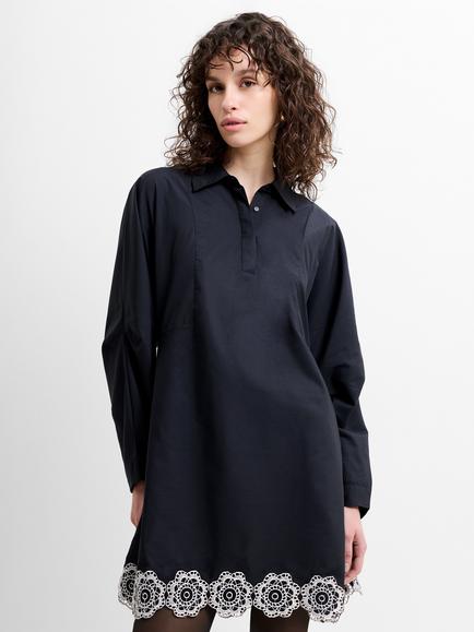 French Connection Era Poplin Broderie Hem Mini Dress, Black/Porcelain Cream, Black/Porcelain Cream