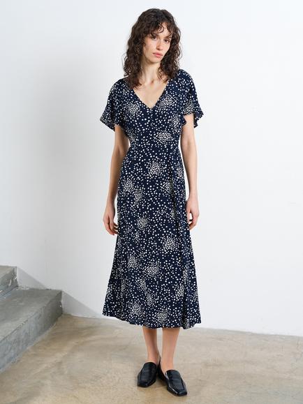 French Connection Thea Lizzie Eco Midi Tea Dress, Navy/Porcelain Cream