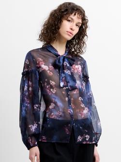 French Connection Clara Emina Tie Neck Floral Shirt, Navy/Multi, Navy/Multi