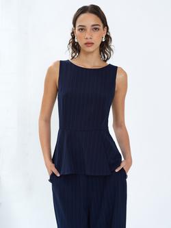 French Connection Alia Pinstripe Peplum Top, Navy/Linen White