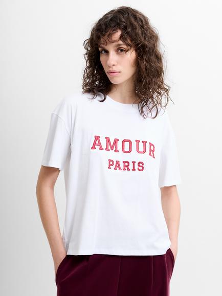French Connection Amour Cotton Varsity T-Shirt, White/Watermelon