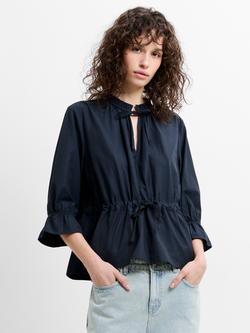French Connection Era Poplin Ruffle Top, Navy, Navy