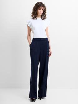 French Connection Alia Pinstripe Button Detail Wide-Leg Trousers, Navy/Linen White