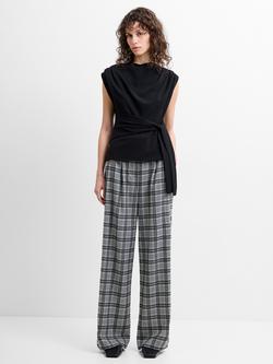 French Connection Kira Check Wide Leg Pleated Trousers, Black/Cream, Black/Cream
