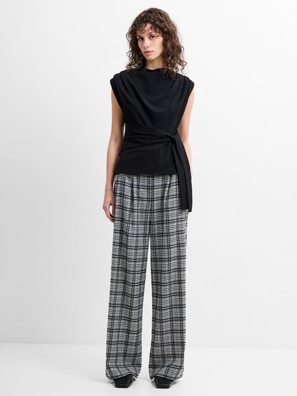 French Connection Kira Check Wide Leg Pleated Trousers, Black/Cream, Black/Cream