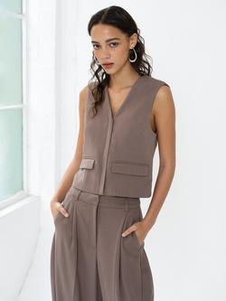 French Connection Vienna V-Neck Pocket Waistcoat, Taupe Brown