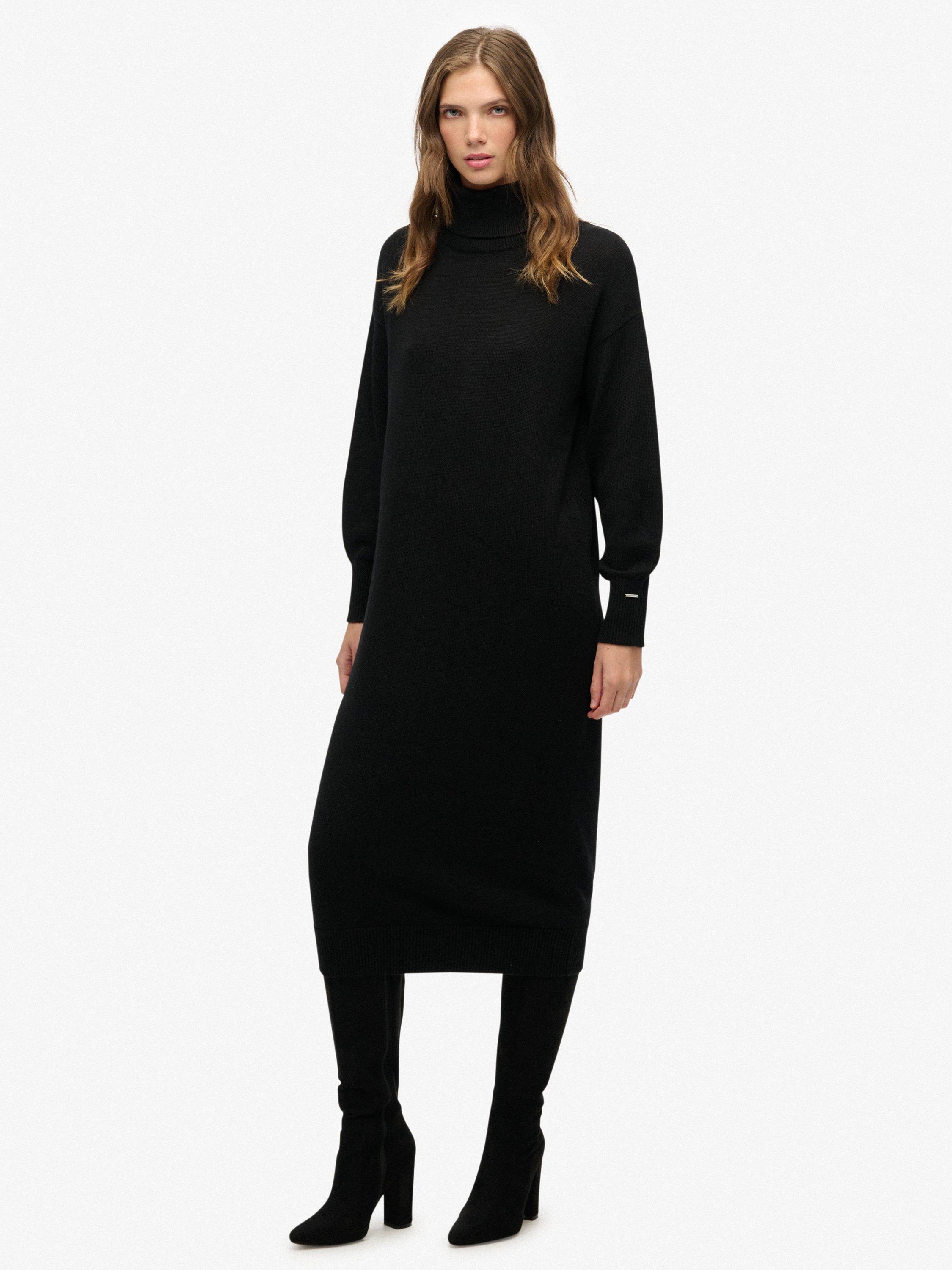 Product image 1 of 5, which shows Superdry Roll Neck Jumper Midi Dress, Black, 16